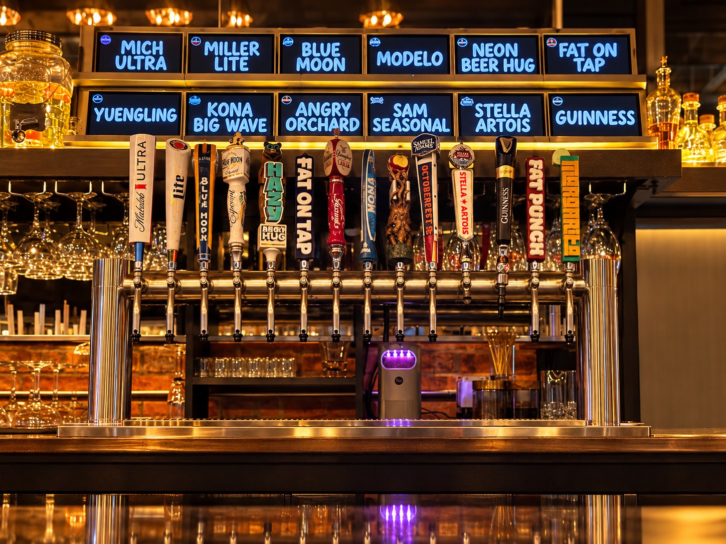 Custom Fat On Tap, Fat Punch, and Margarita handles on a working twelve-tap draft line